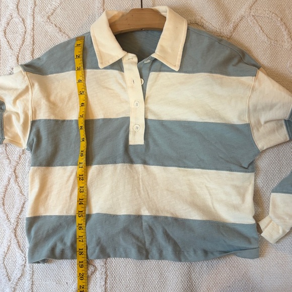 MARINE LAYER rugby crop polo top in aqua striped Women’s Sz S - Picture 8 of 8